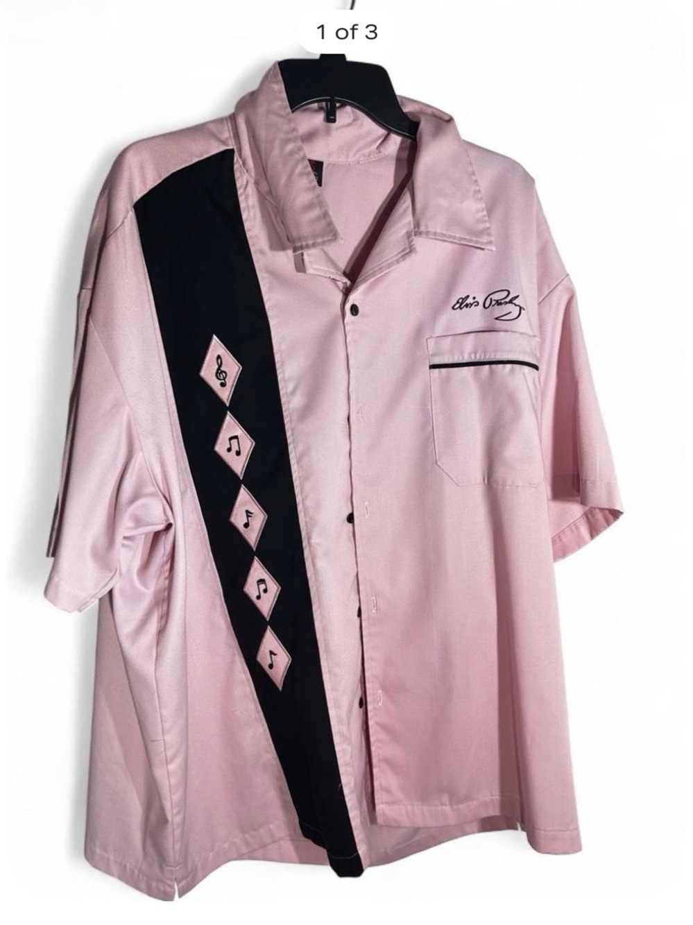 PELVIS Pink and Black Short Sleeve Bowling Shirt with Music Motif
